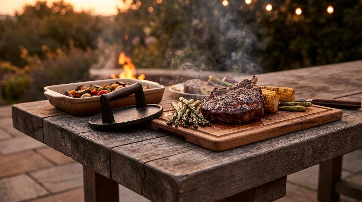 A grilled spread at dusk
